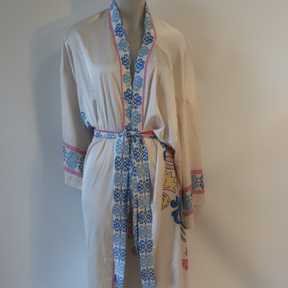 Womens Bits and Pieces to Go Ecru Pink Blue Satin Kimono Robe M